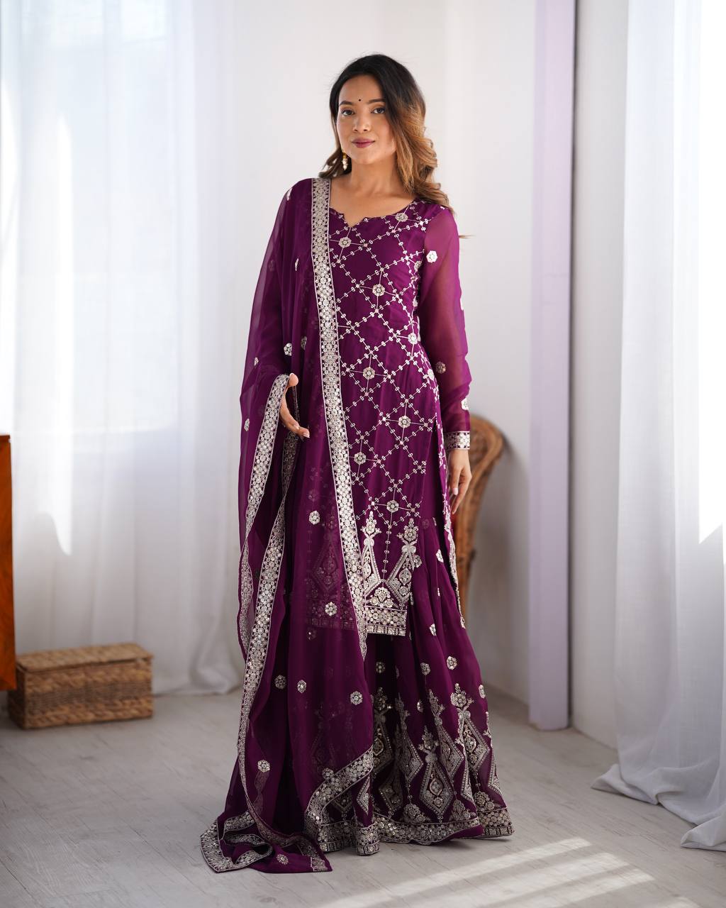 Purple Georgette Sharara with Sequin Embroidery and Thread Work

