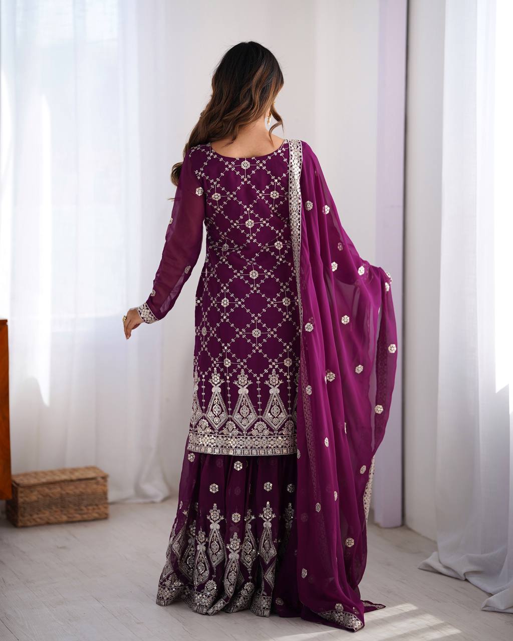 Purple Georgette Sharara with Sequin Embroidery and Thread Work