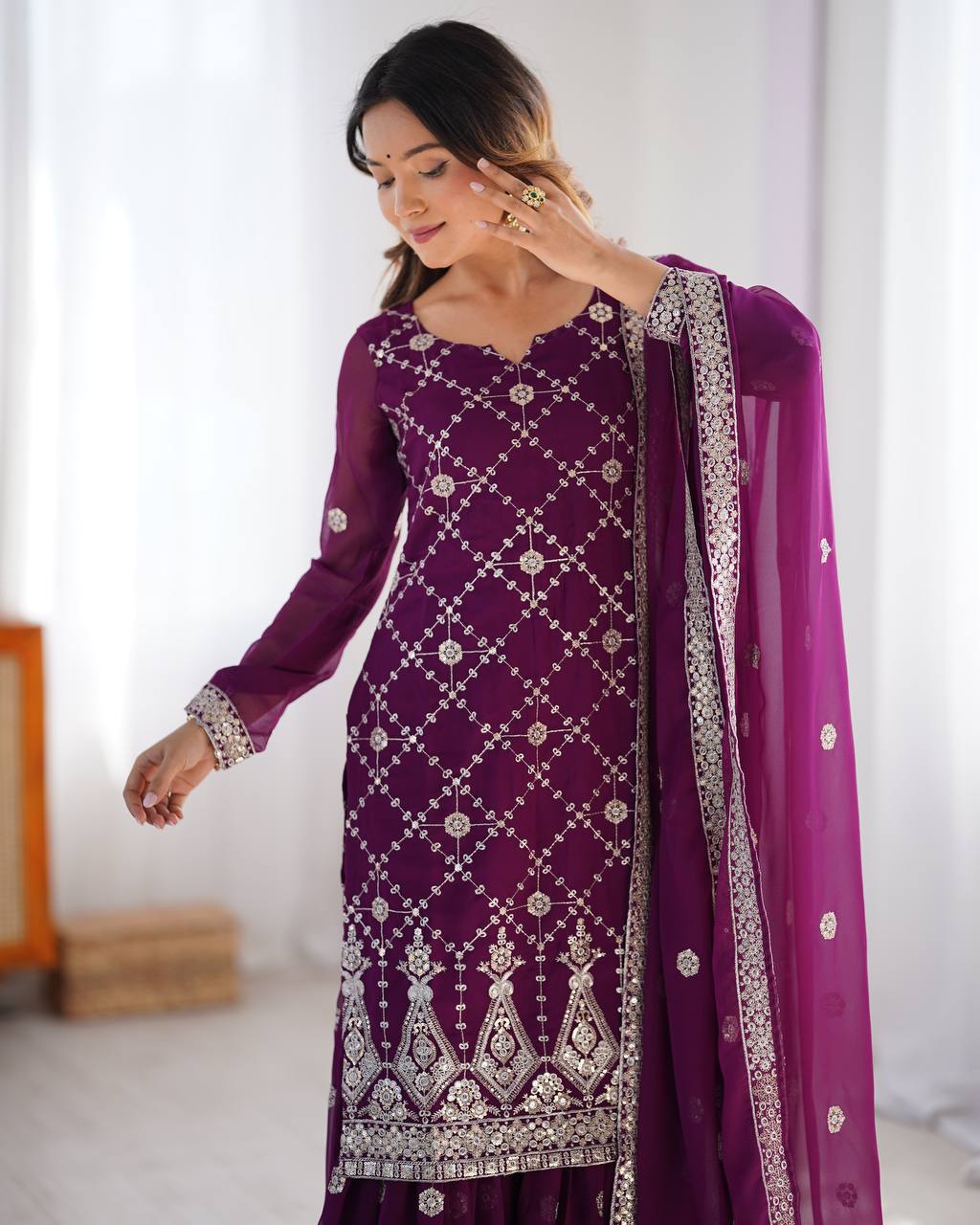 Purple Georgette Sharara with Sequin Embroidery and Thread Work
