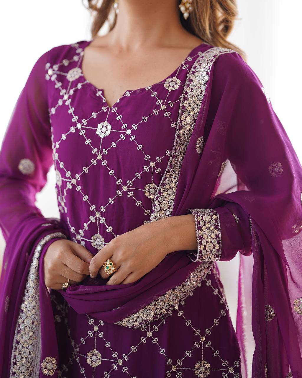 Purple Georgette Sharara with Sequin Embroidery and Thread Work

