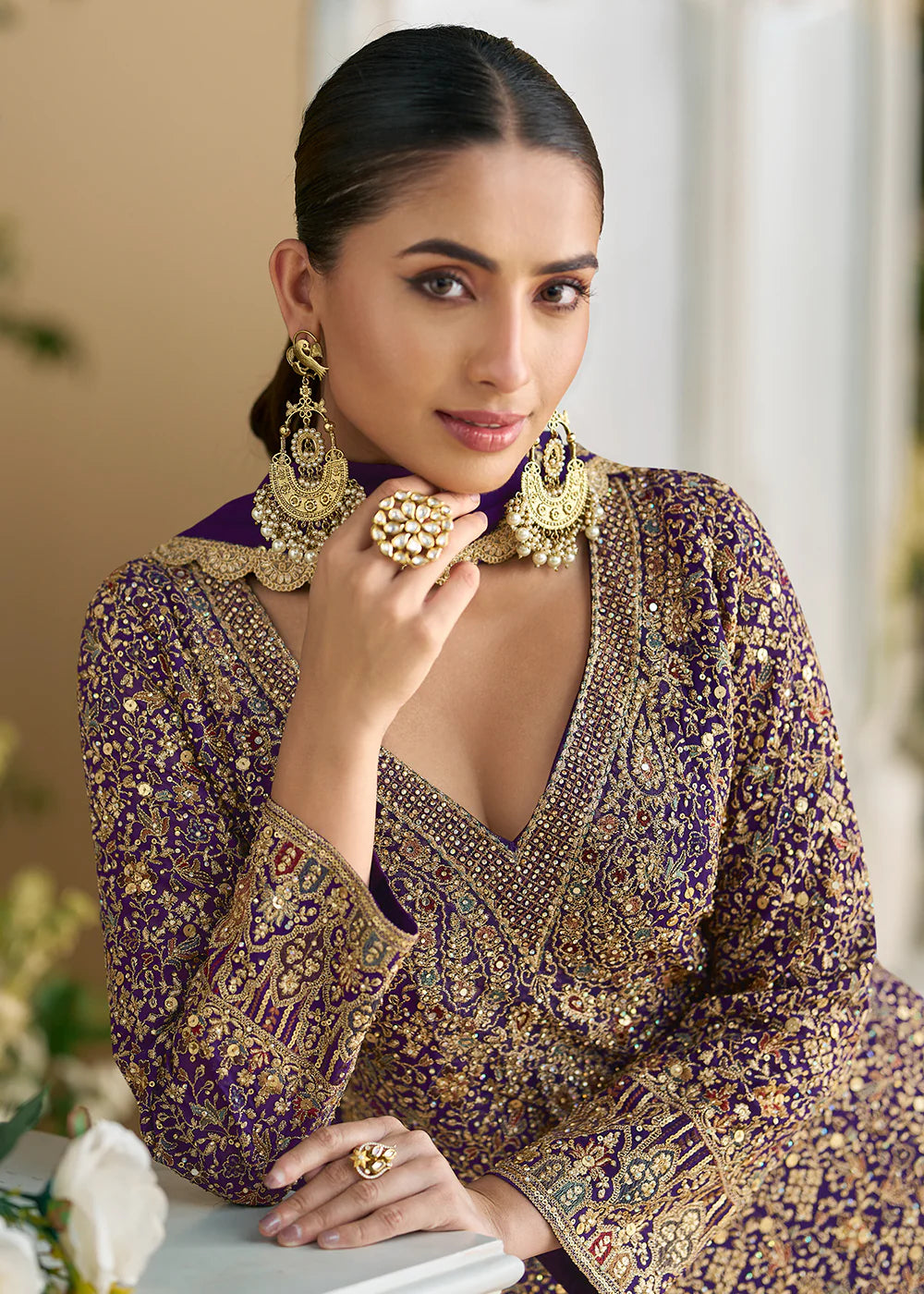 Purple Georgette Sharara with Swarovski Embroidery and Zari Work

