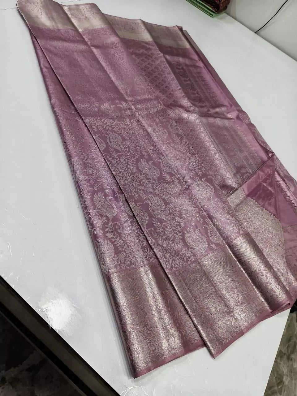 Purple Kanchipuram Silk Saree with 2g Pure Zari Work and Silver Border Design

