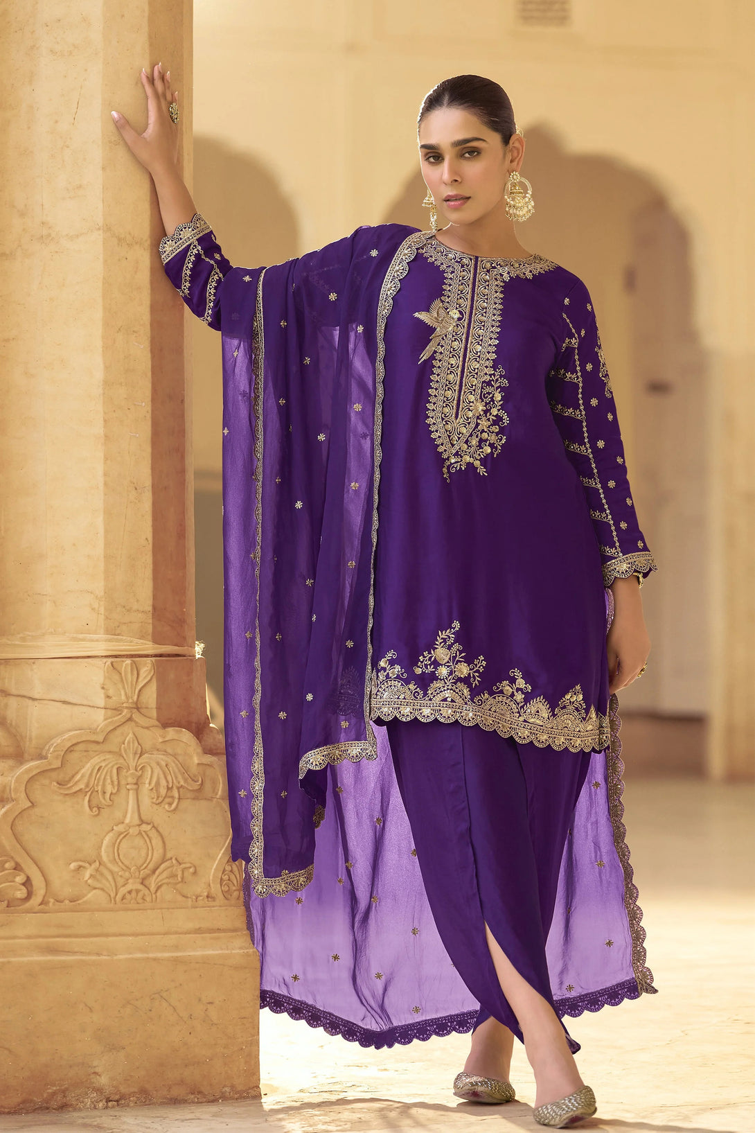 Purple Silk Salwar Kameez featuring Avian Jaal Design with Embroidered Silk enhanced by mirror and thread detailing
