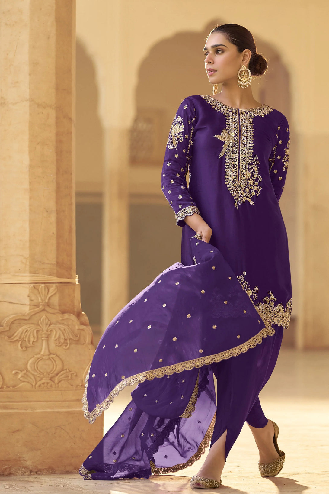 Purple Silk Salwar Kameez featuring Avian Jaal Design with Embroidered Silk enhanced by mirror and thread detailing
