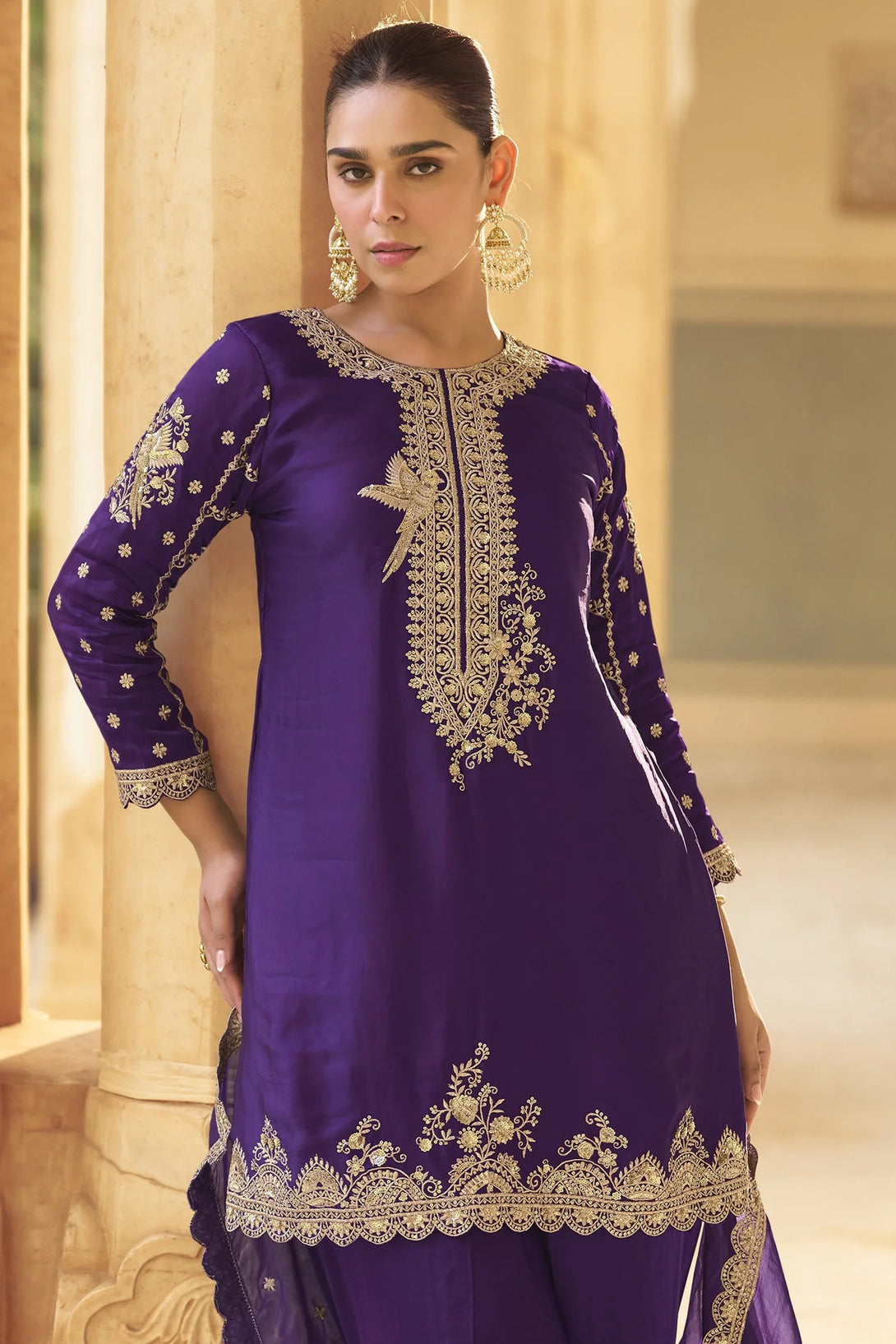 Purple Silk Salwar Kameez featuring Avian Jaal Design with Embroidered Silk enhanced by mirror and thread detailing

