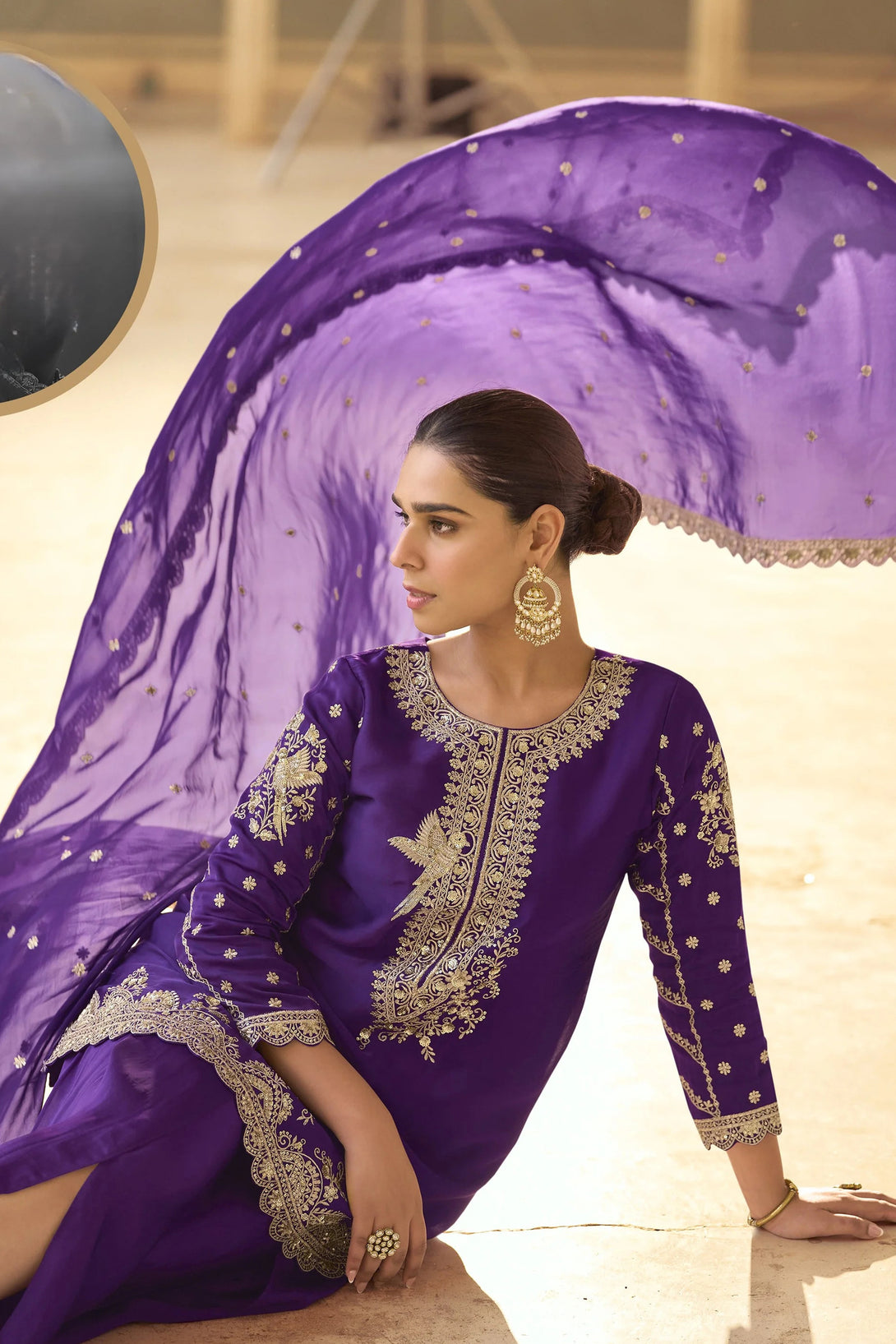 Purple Silk Salwar Kameez featuring Avian Jaal Design with Embroidered Silk enhanced by mirror and thread detailing
