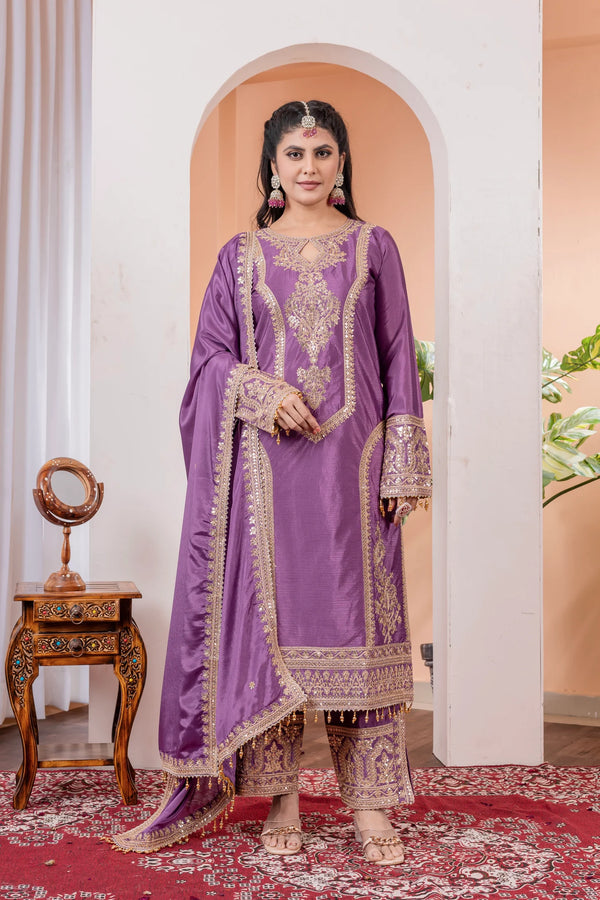 Purple Silk Salwar Kameez showcasing Embroidery and Motifs with Coding Dori Work

