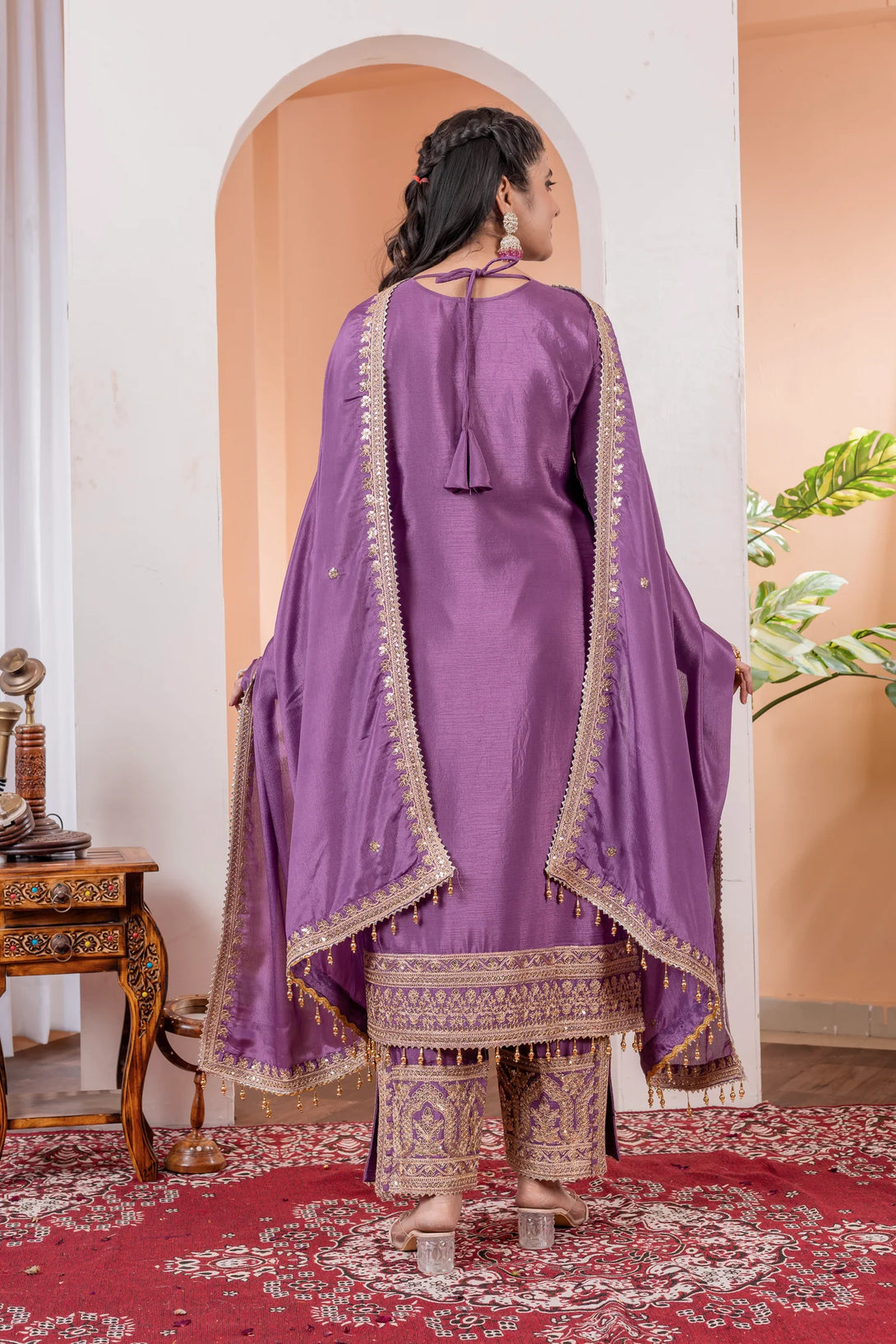 Purple Silk Salwar Kameez showcasing Embroidery and Motifs with Coding Dori Work