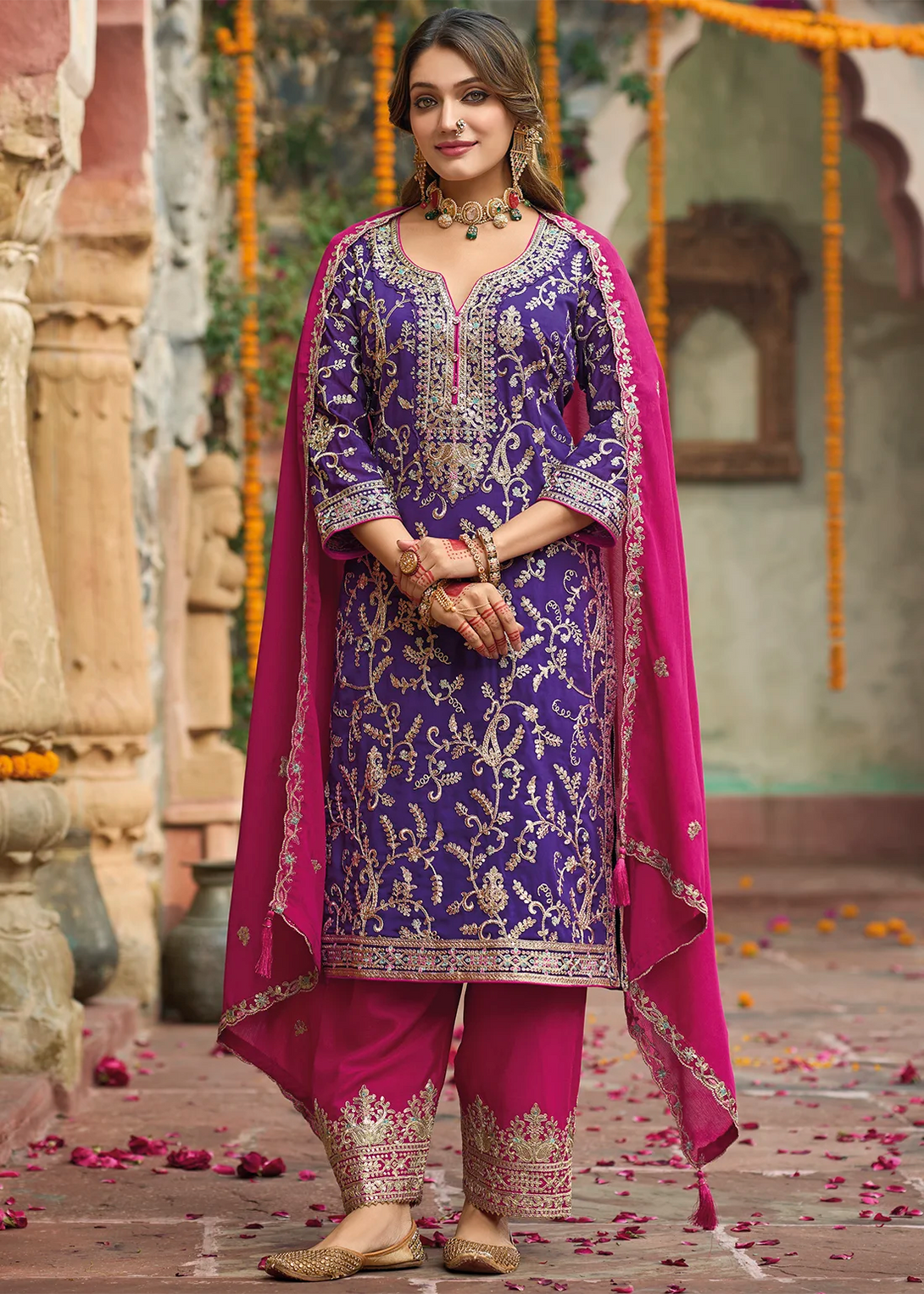 Purple Silk Salwar Kameez with All Over Heavy Zari work Embroidery
