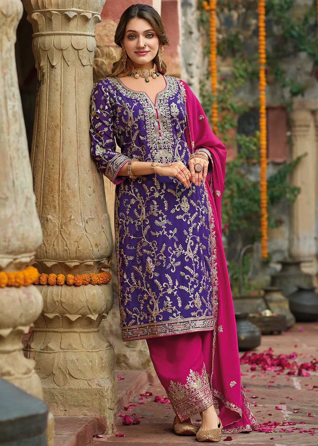 Purple Silk Salwar Kameez with All Over Heavy Zari work Embroidery
