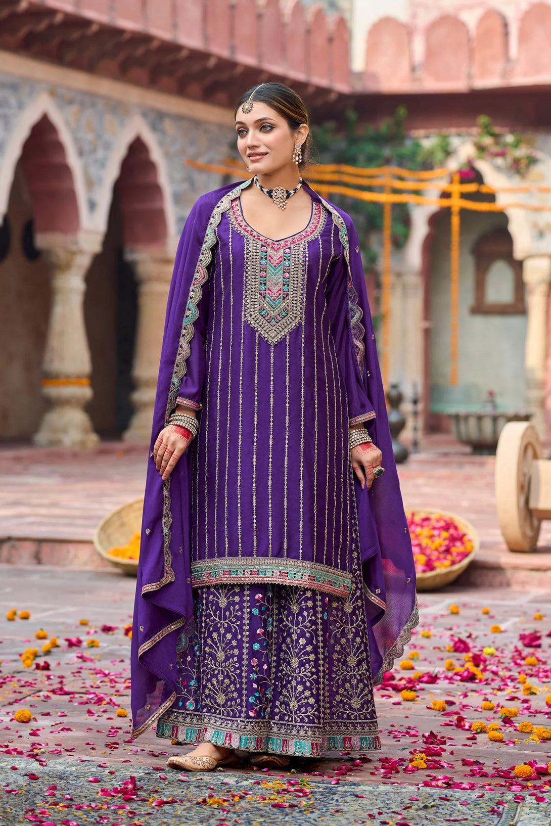 Purple Silk Salwar Kameez with Zardozi Embroidery and Mirror Work
