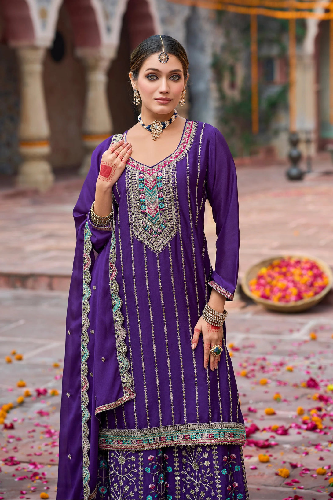 Purple Silk Salwar Kameez with Zardozi Embroidery and Mirror Work
