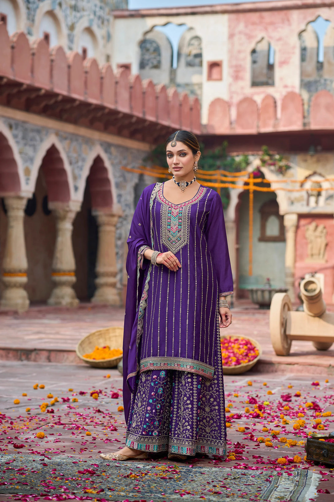 Purple Silk Salwar Kameez with Zardozi Embroidery and Mirror Work
