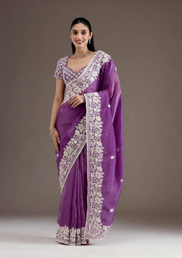 Purple Tissue Saree with Gold Crush Sequin Embroidery Work
