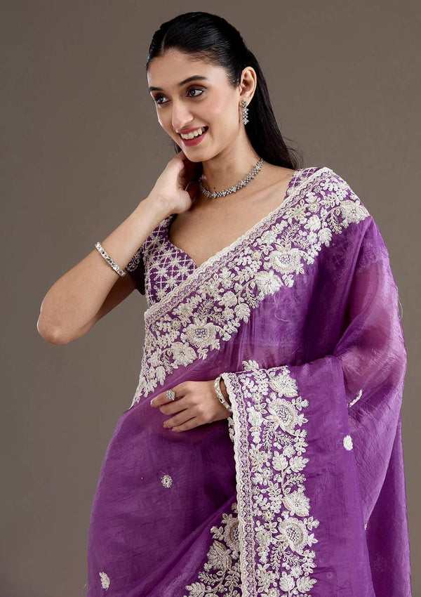 Purple Tissue Saree with Gold Crush Sequin Embroidery Work
