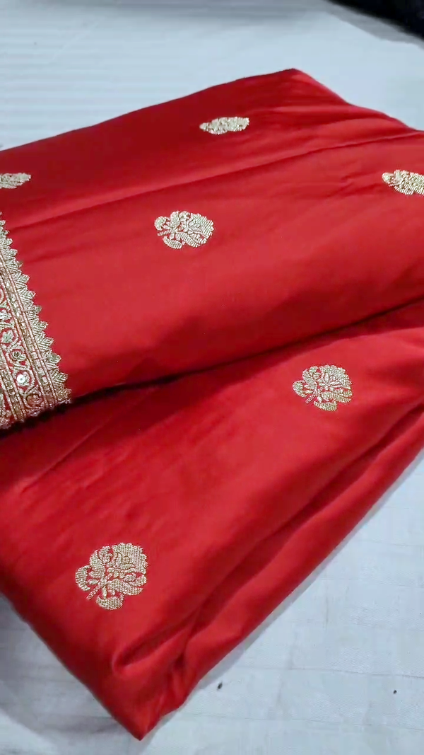 Red Banarasi Silk Saree with Butta Design Zari Embroidery and Golden Border
