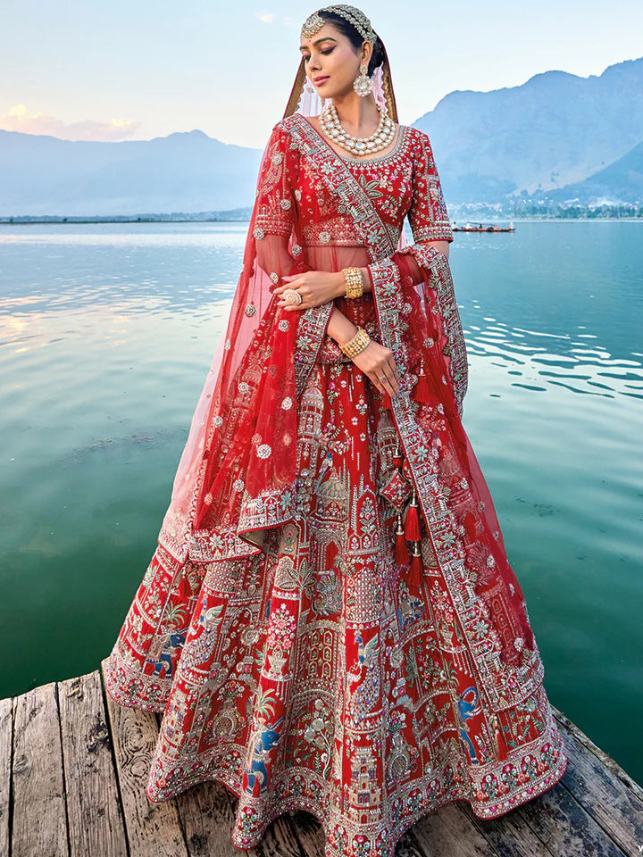 Red Bridal Silk Lehenga with Zari Thread embroidery Beads Sequins Mirror work
