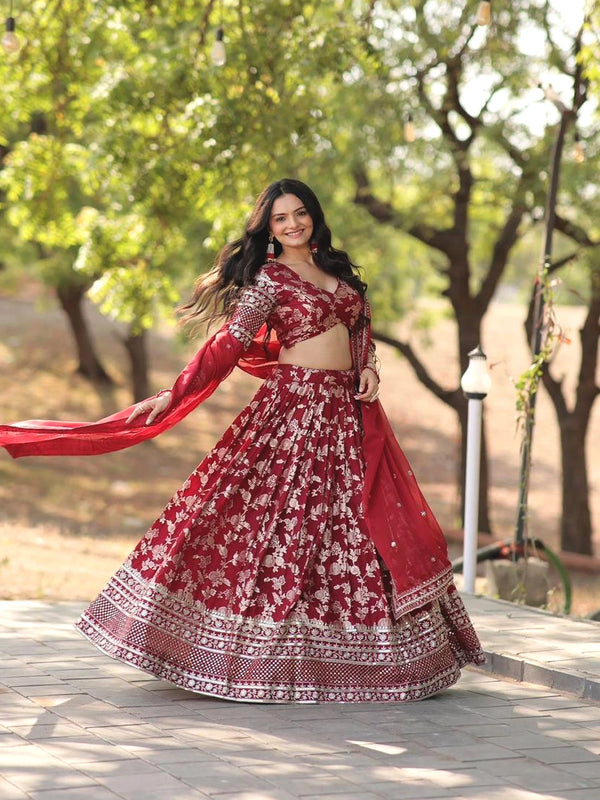 Red Georgette Lehenga with All-over floral Jacquard Embroidery and Mirror Work
