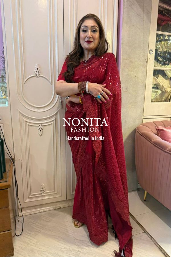 Red Georgette Saree with All Over Sequin Work
