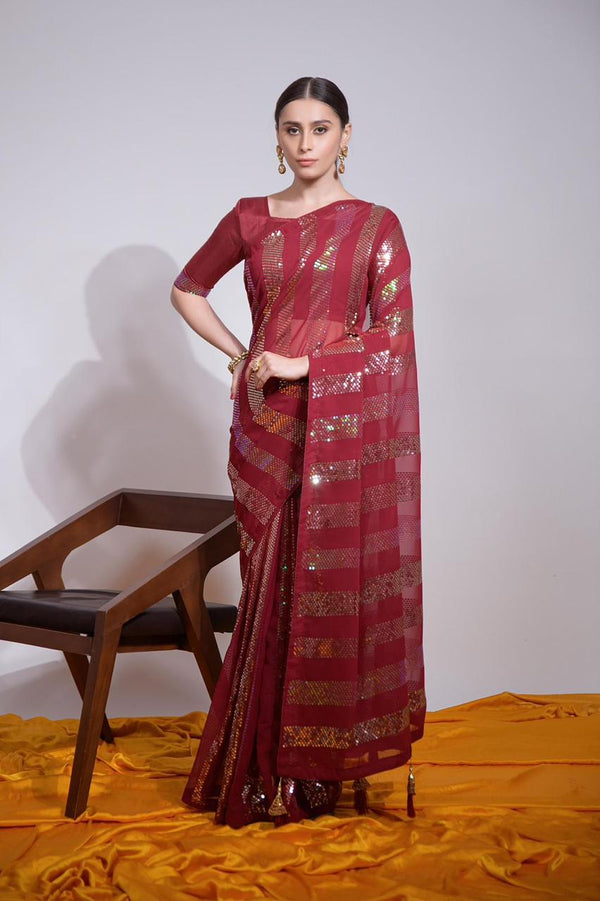 Red Georgette Saree with All Over Sequin Work 