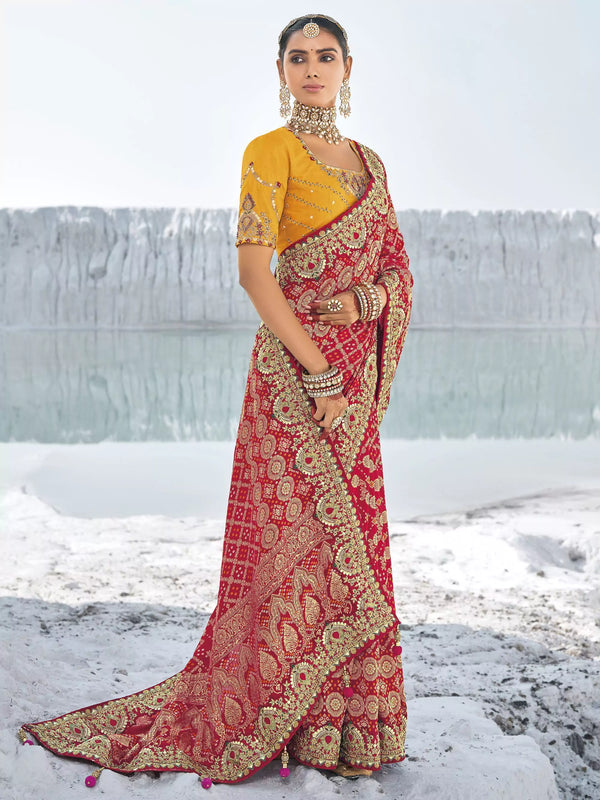 Red Georgette Saree with Embroidered Borders and All-Over Work