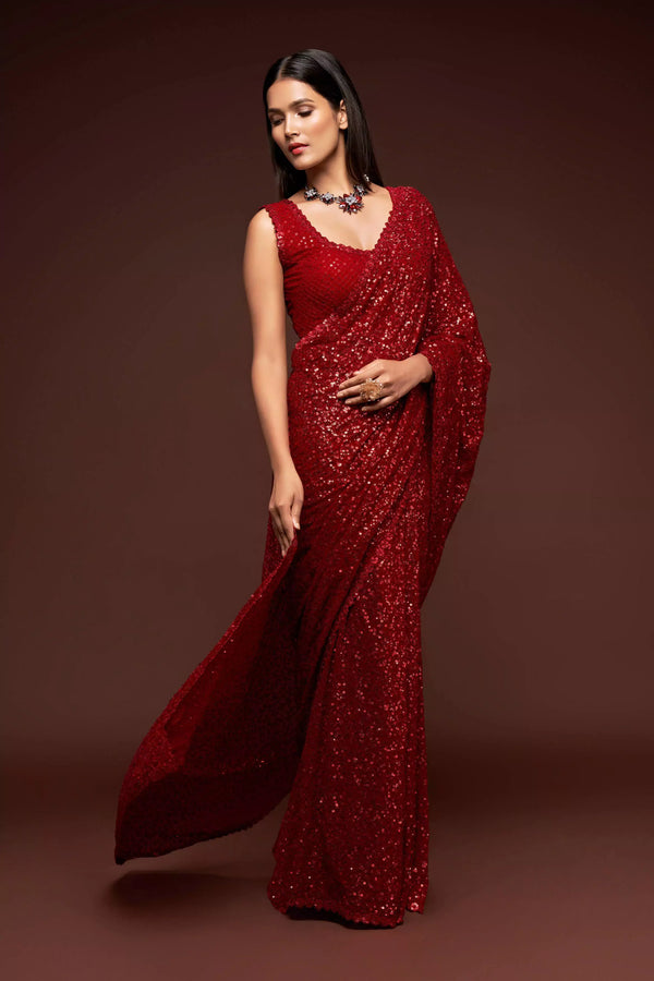Red Shimmer Georgette Saree with All Over Heavy Sequin Embroidery 
