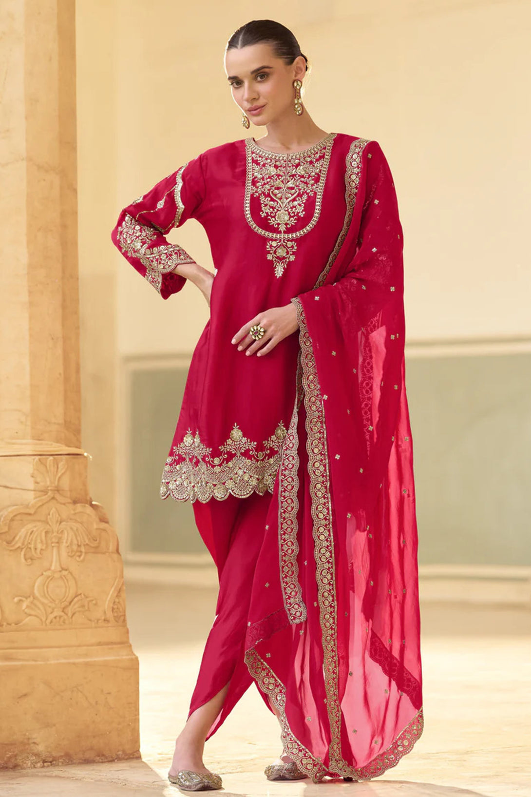 Red Silk Salwar Kameez featuring Avian Jaal Design with Embroidered Silk enhanced by mirror and thread detailing
