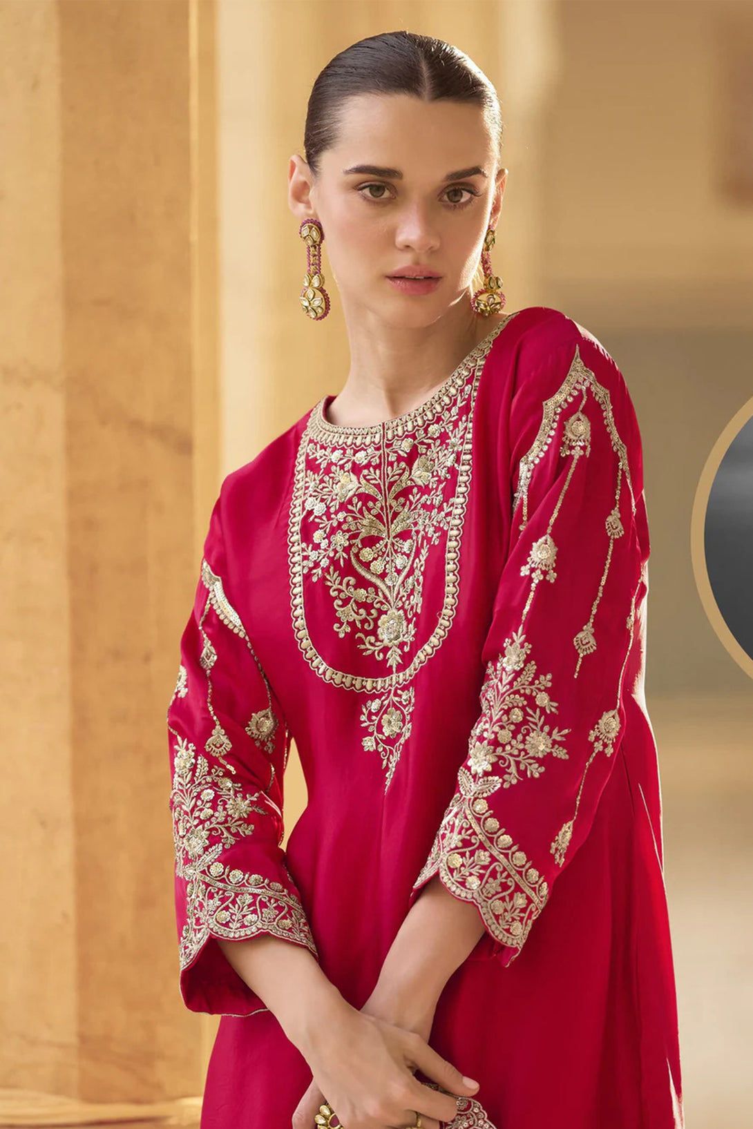 Red Silk Salwar Kameez featuring Avian Jaal Design with Embroidered Silk enhanced by mirror and thread detailing
