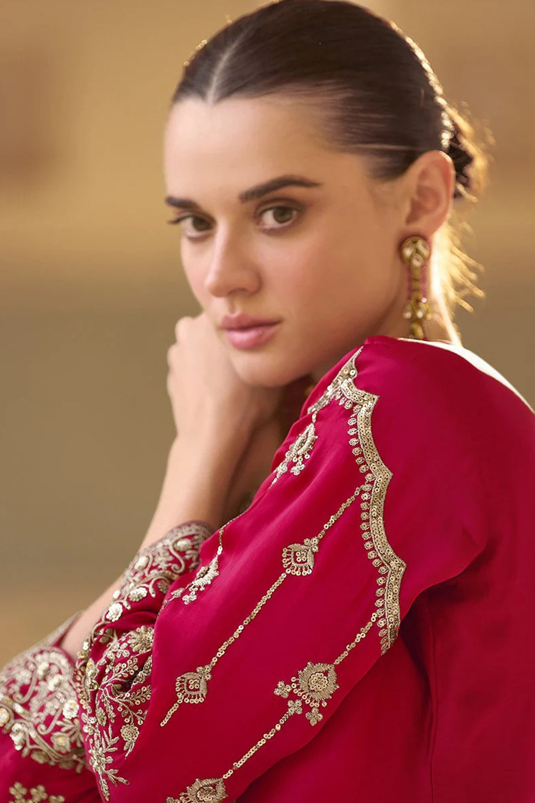 Red Silk Salwar Kameez featuring Avian Jaal Design with Embroidered Silk enhanced by mirror and thread detailing
