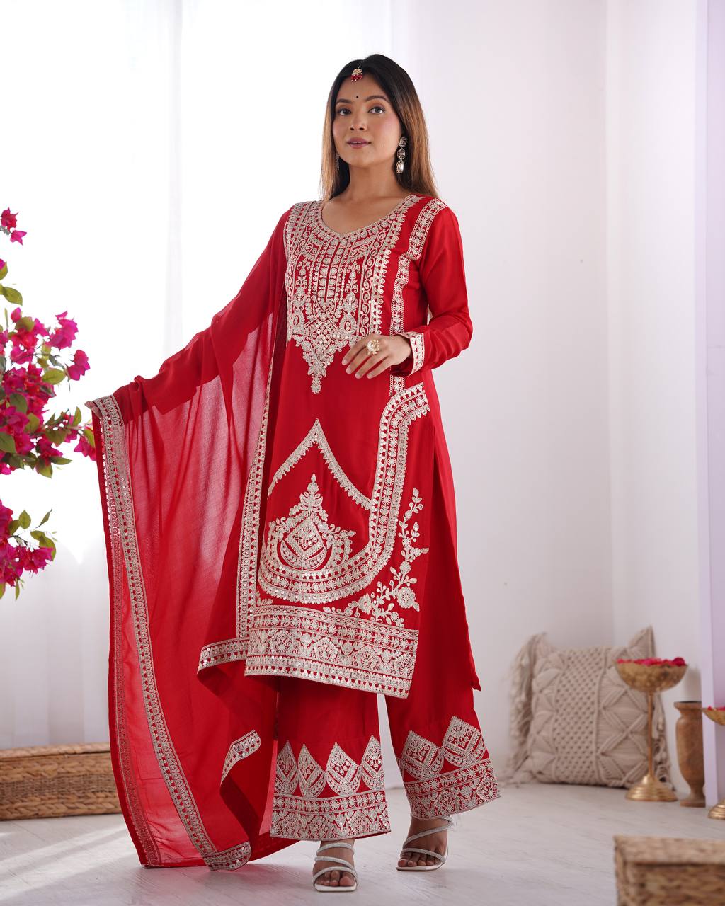 Red Silk Salwar Kameez with Intricate Embroidery and Thread Work