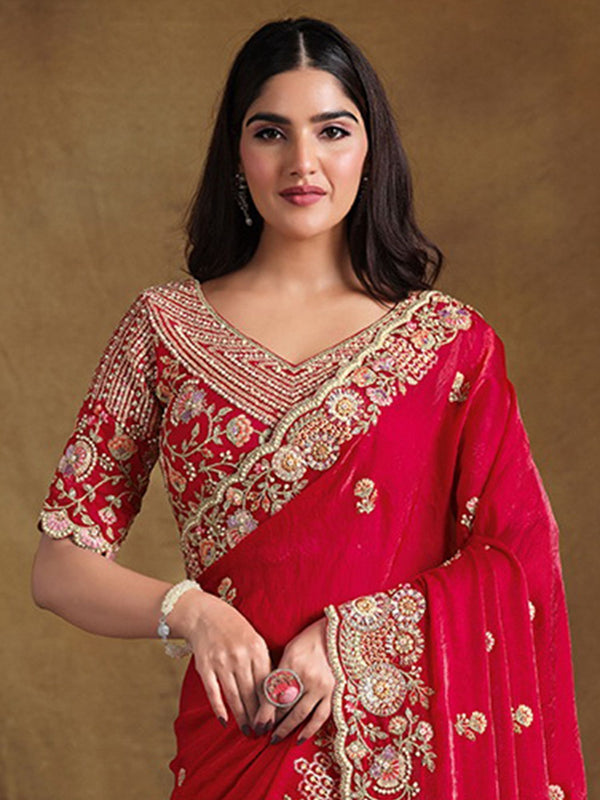 Red Silk Saree with Embroidery, Sequins, and Bead work