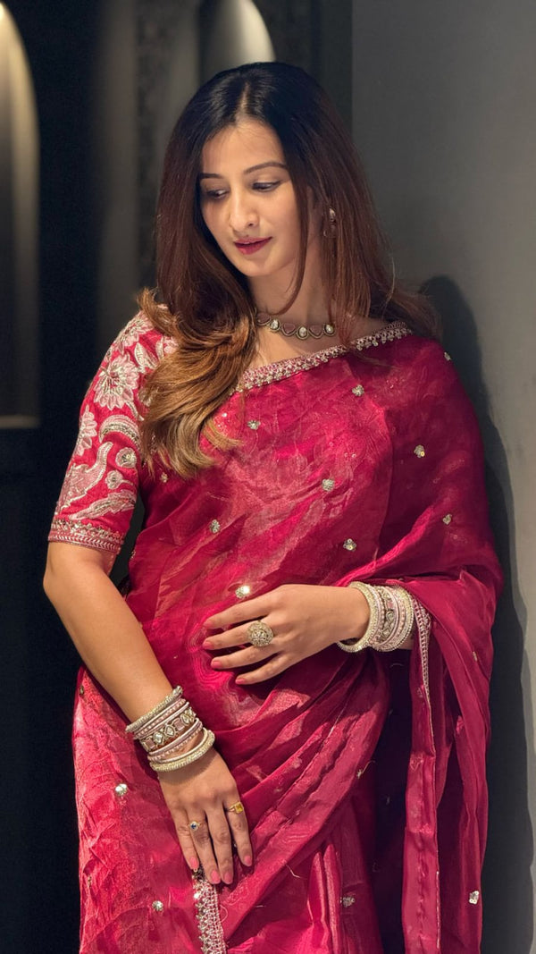 Red Silk Saree with Sequin Embroidery Work
