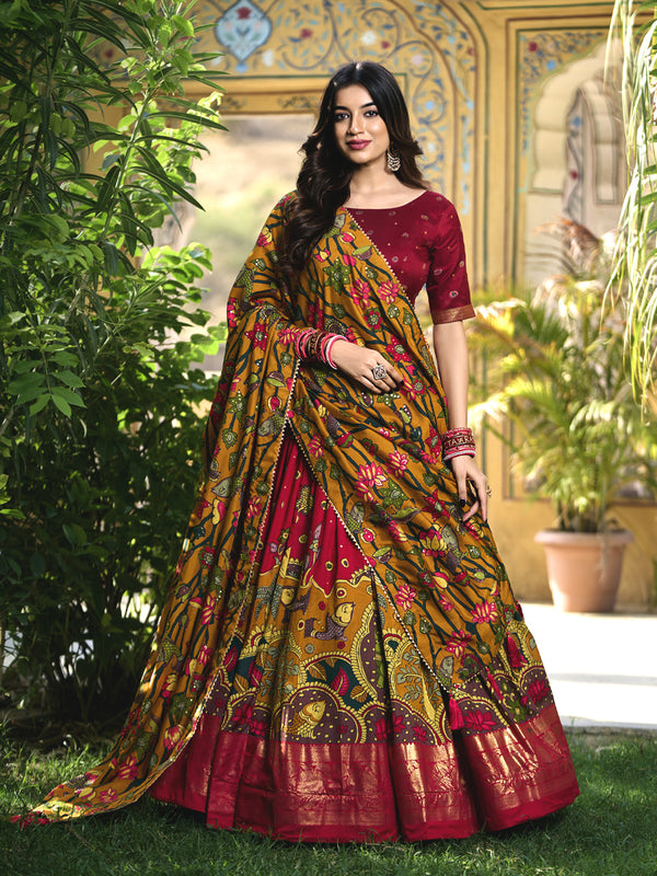 Red Tussar Silk Lehenga with Printed Motifs and floral Traditional Design
