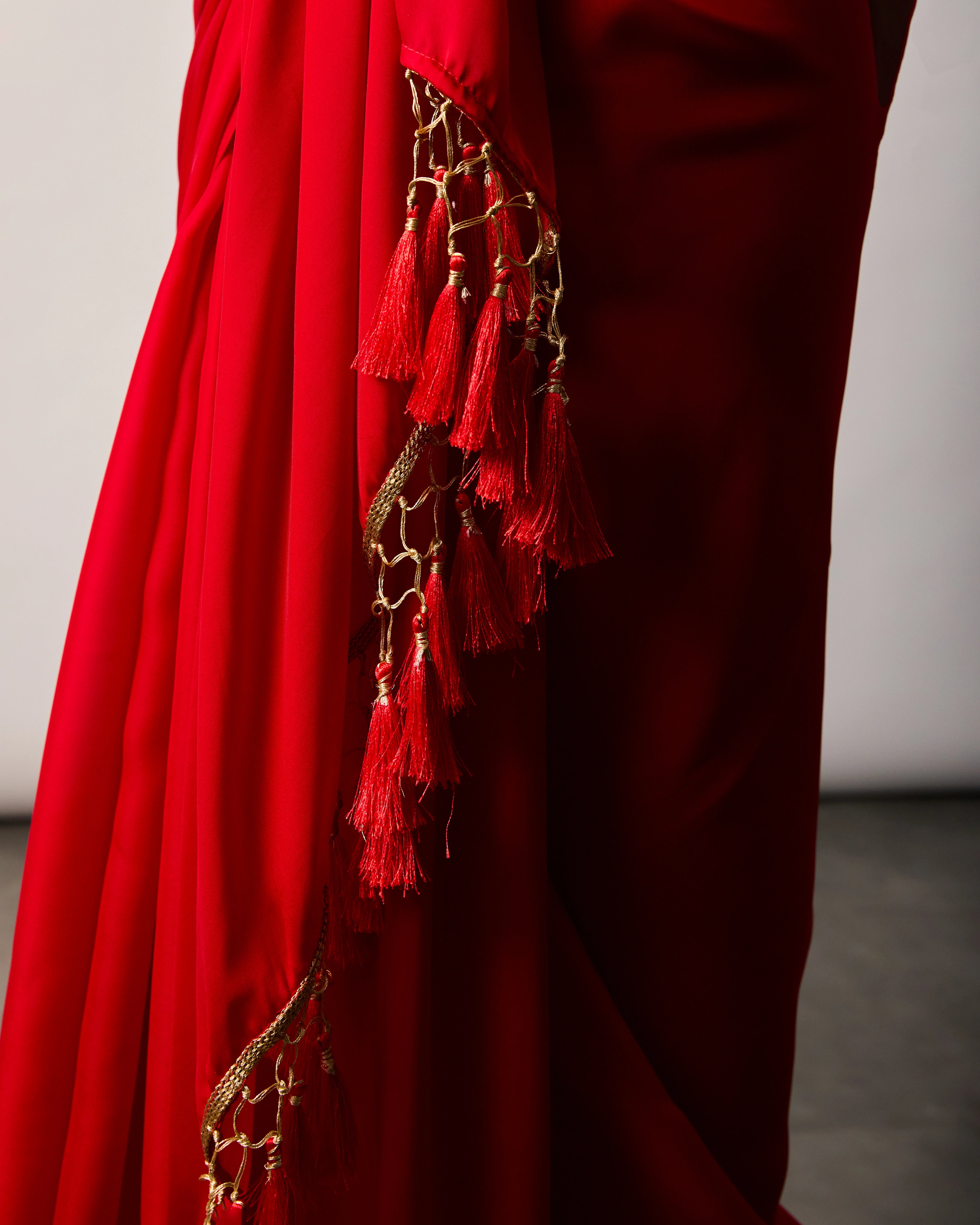 Red Semi Silk Saree Set with Gold Zari Sequin Blouse