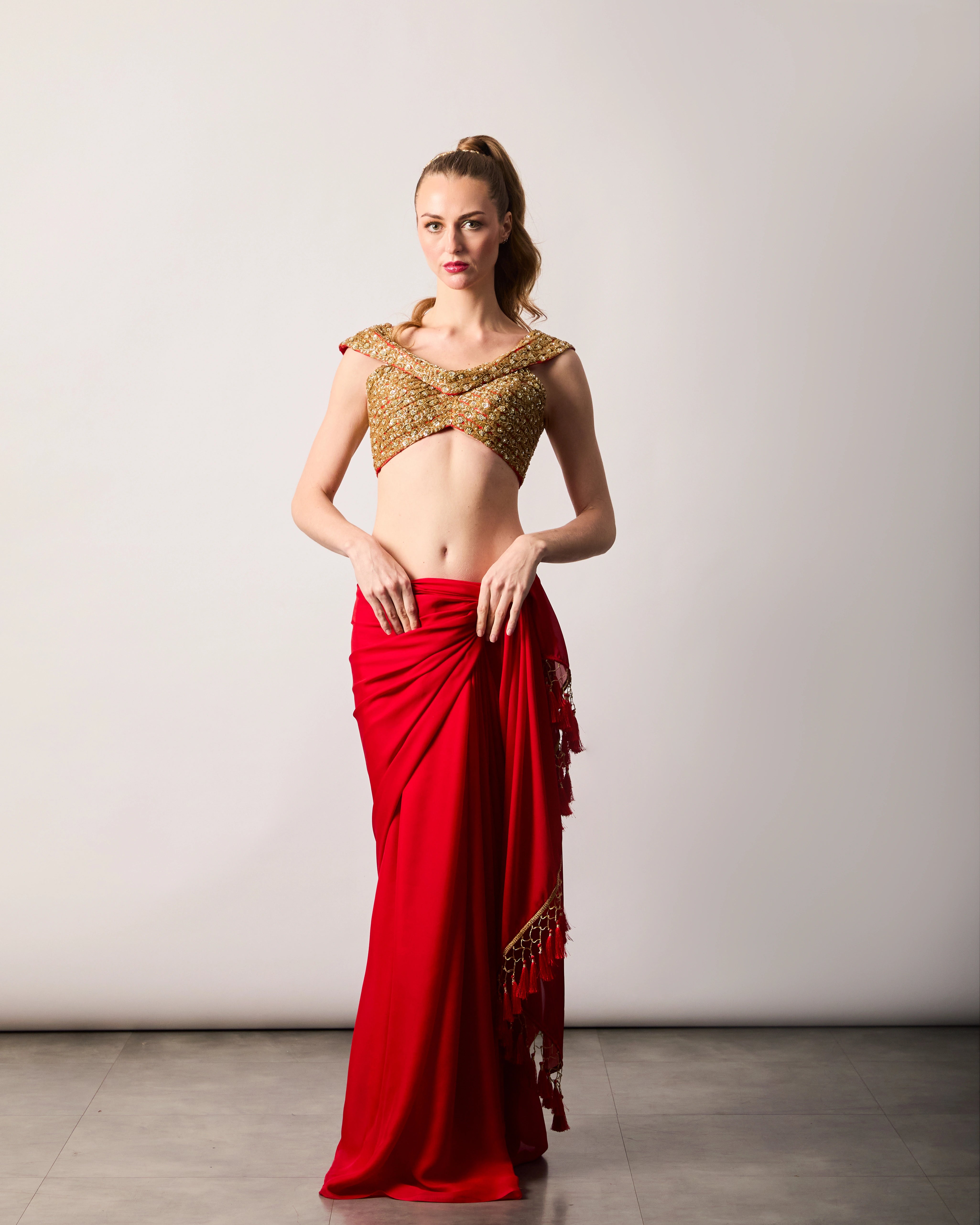 Red Semi Silk Saree Set with Gold Zari Sequin Blouse