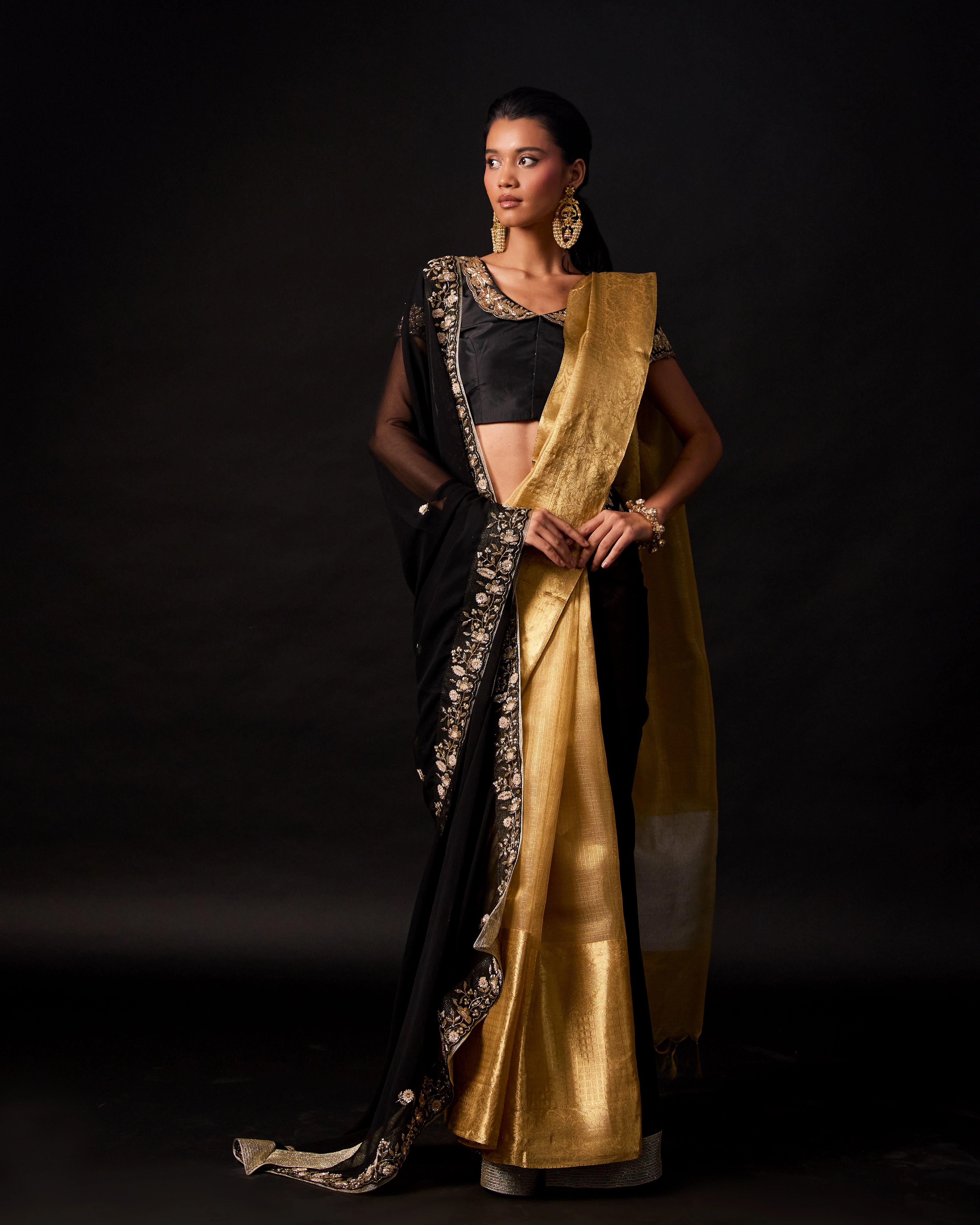 Black Georgette Drape Saree with Gold Banarasi Silk and Silk Hand Embroidered Blouse