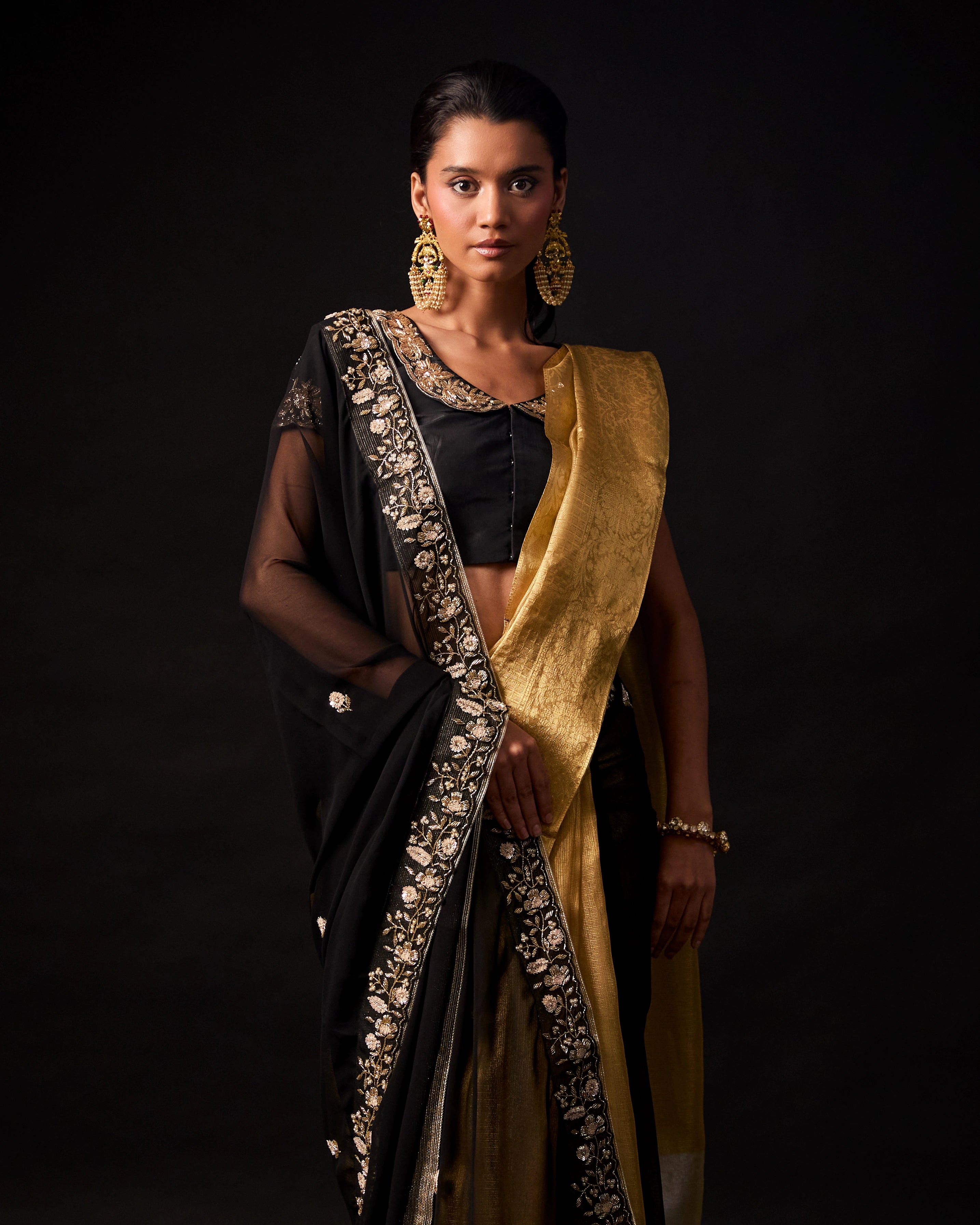Black Georgette Drape Saree with Gold Banarasi Silk and Silk Hand Embroidered Blouse