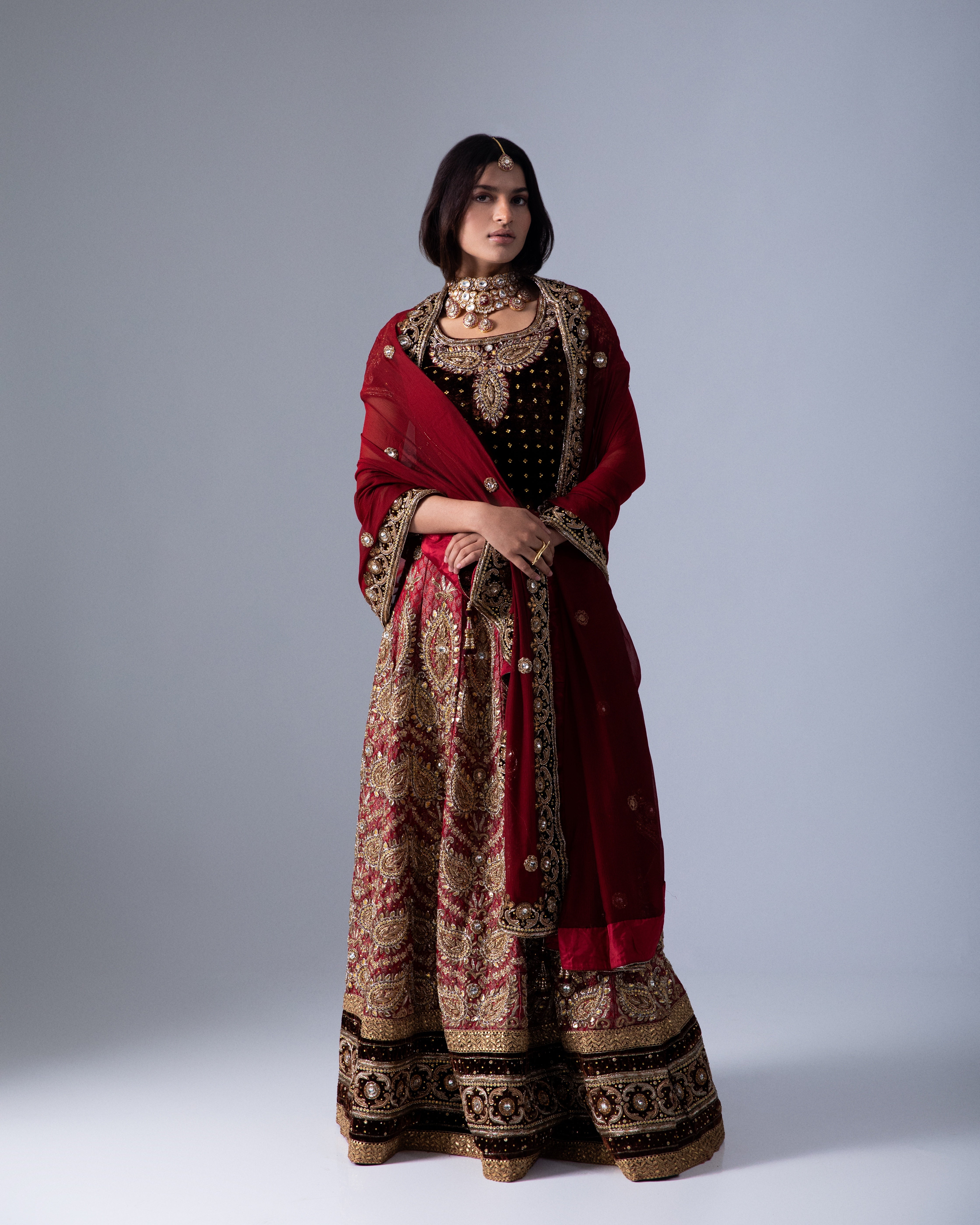 Red Georgette Heirloom Lehenga with a Embroidery Blouse and Dupatta
