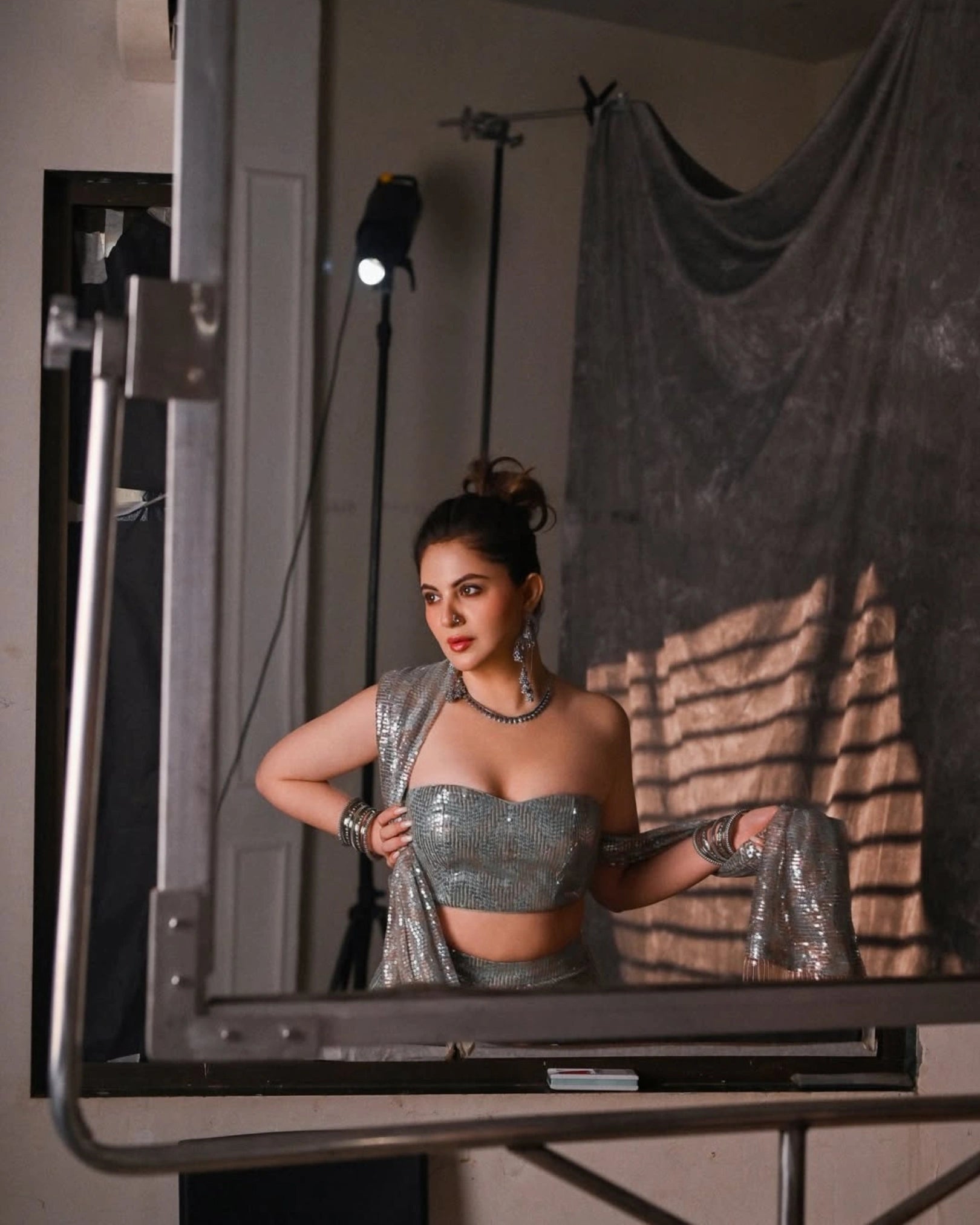 Silver Gold Georgette Saree with Pre-Draped Sequin Work and Matching Sequin Blouse