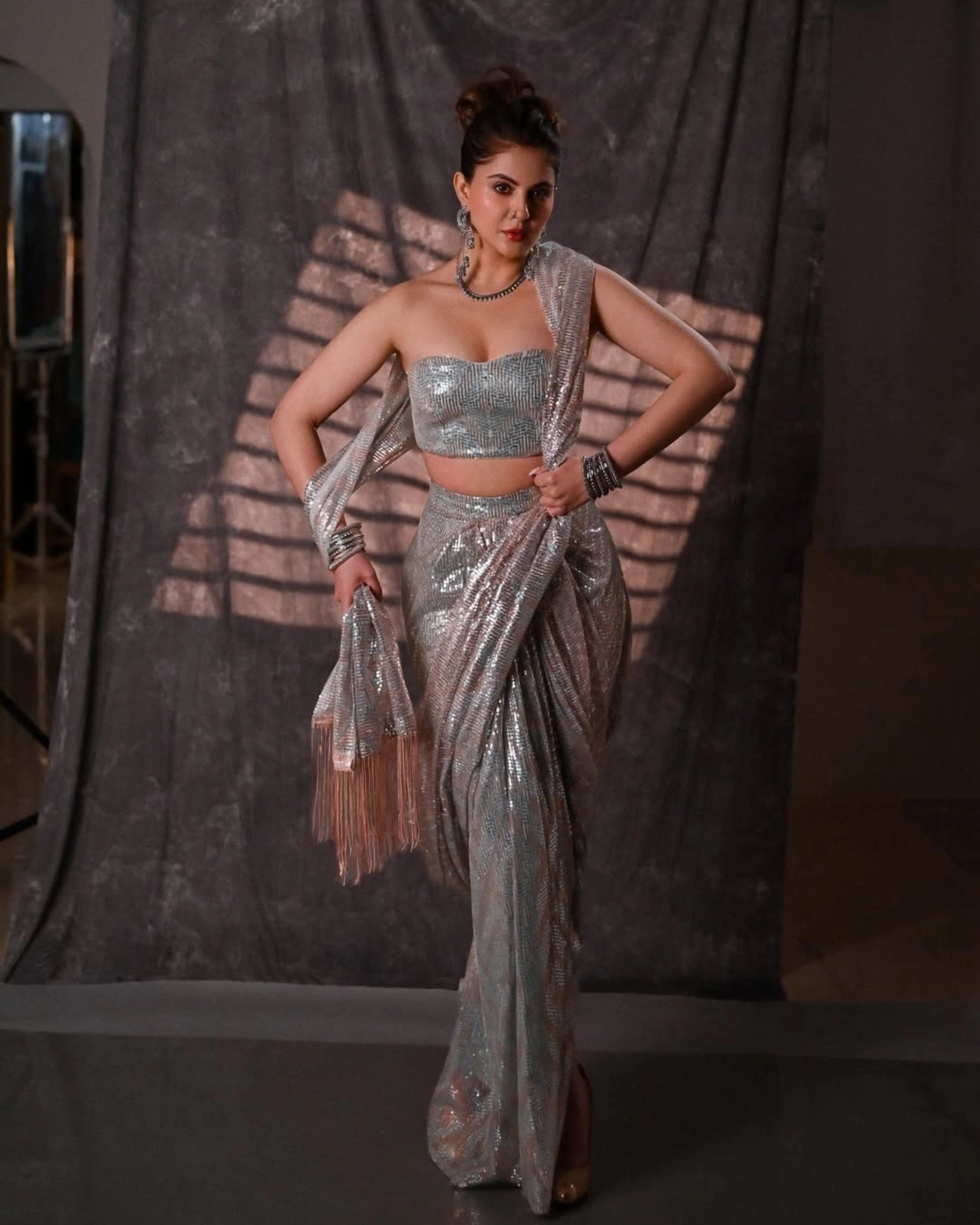 Silver Gold Georgette Saree with Pre-Draped Sequin Work and Matching Sequin Blouse