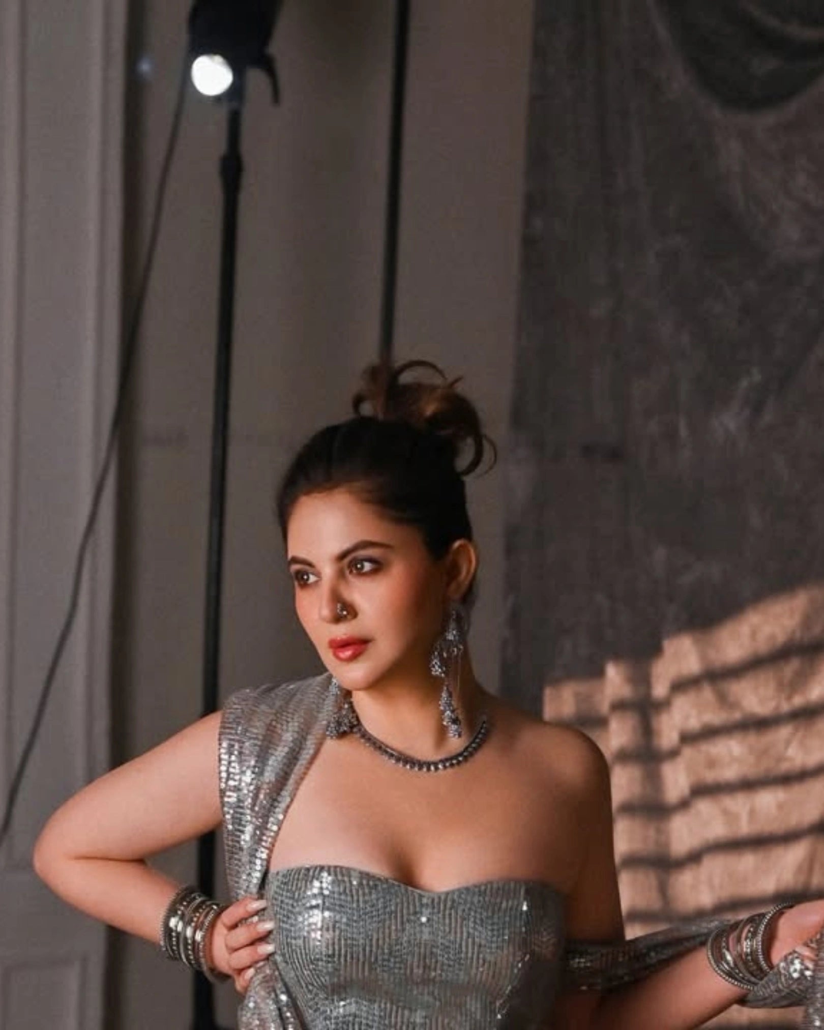 Silver Gold Georgette Saree with Pre-Draped Sequin Work and Matching Sequin Blouse