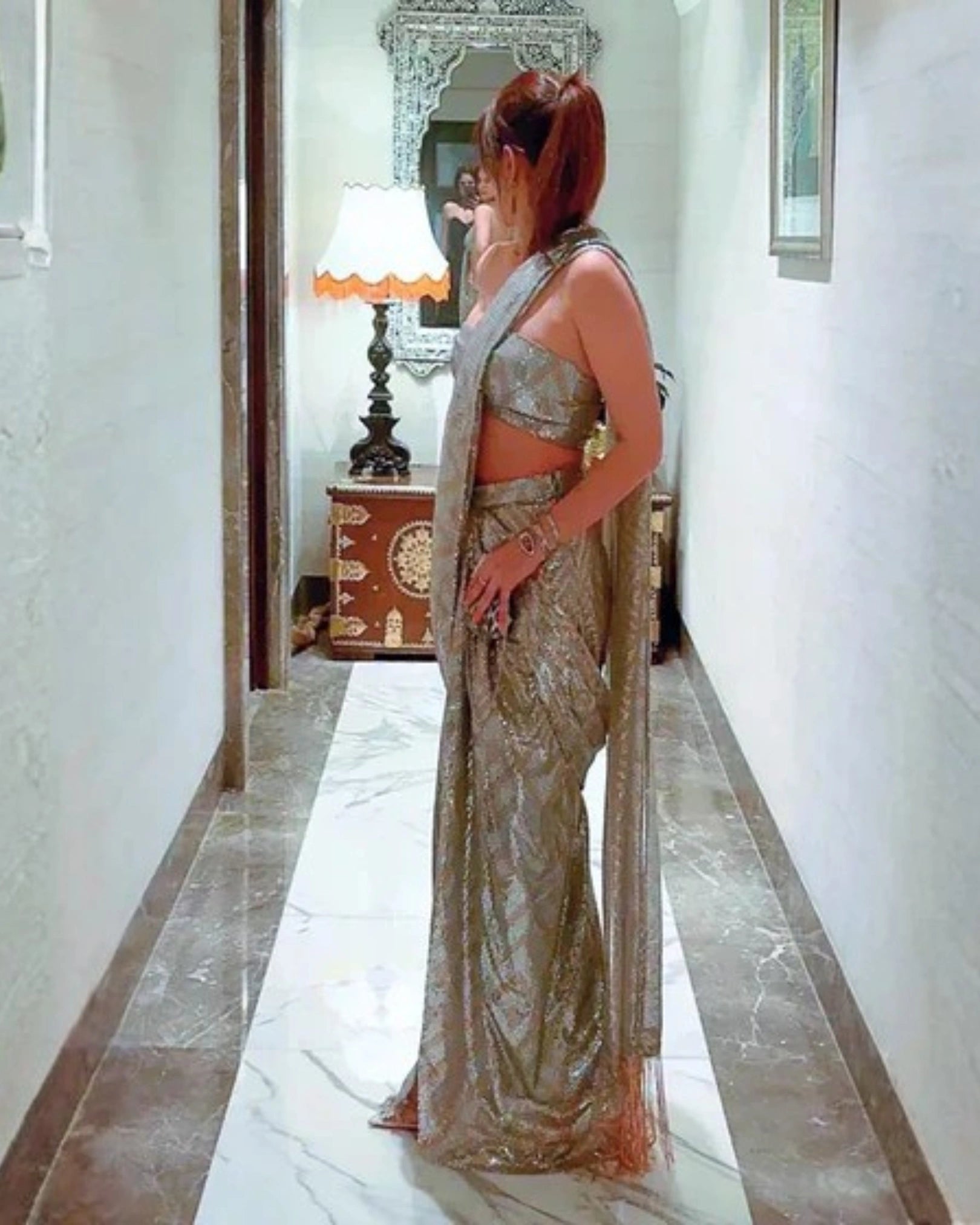 Silver Gold Georgette Saree with Pre-Draped Sequin Work and Matching Sequin Blouse