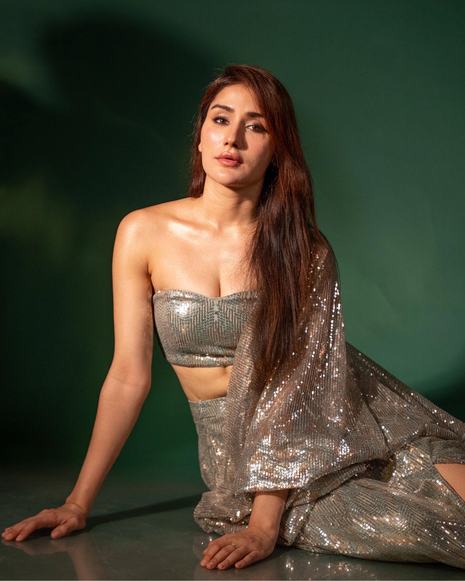 Silver Gold Georgette Saree with Pre-Draped Sequin Work and Matching Sequin Blouse