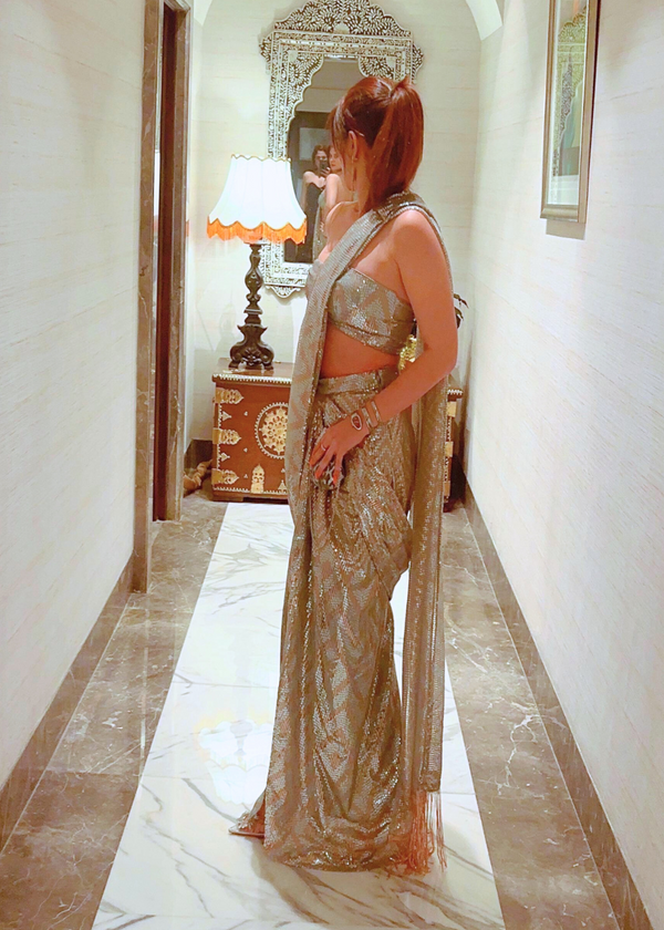 Silver Grey Georgette Saree with Pre-Draped Sequin Work
