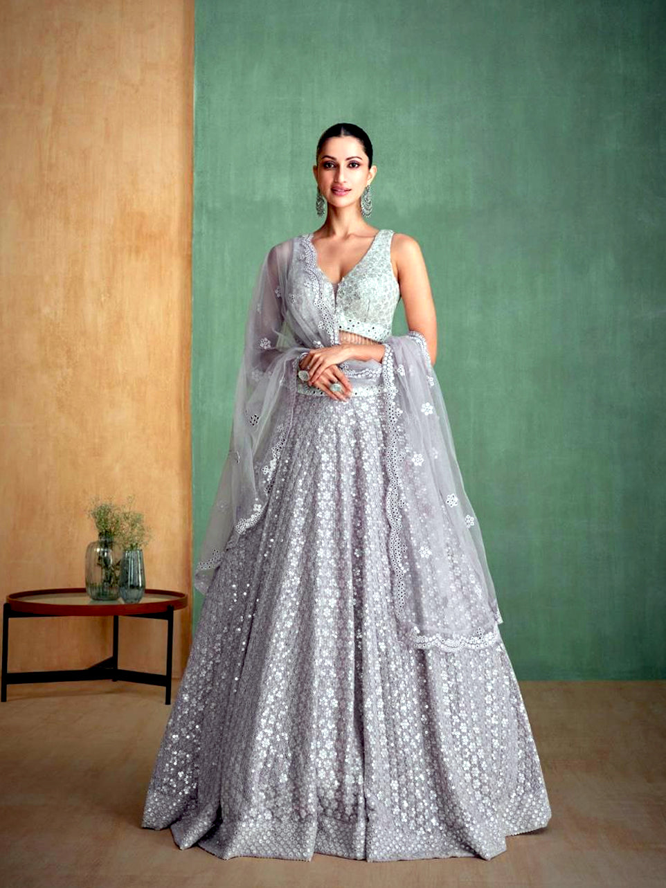 Silver Net Lehenga with Sequin Embroidery and Mirror Work

