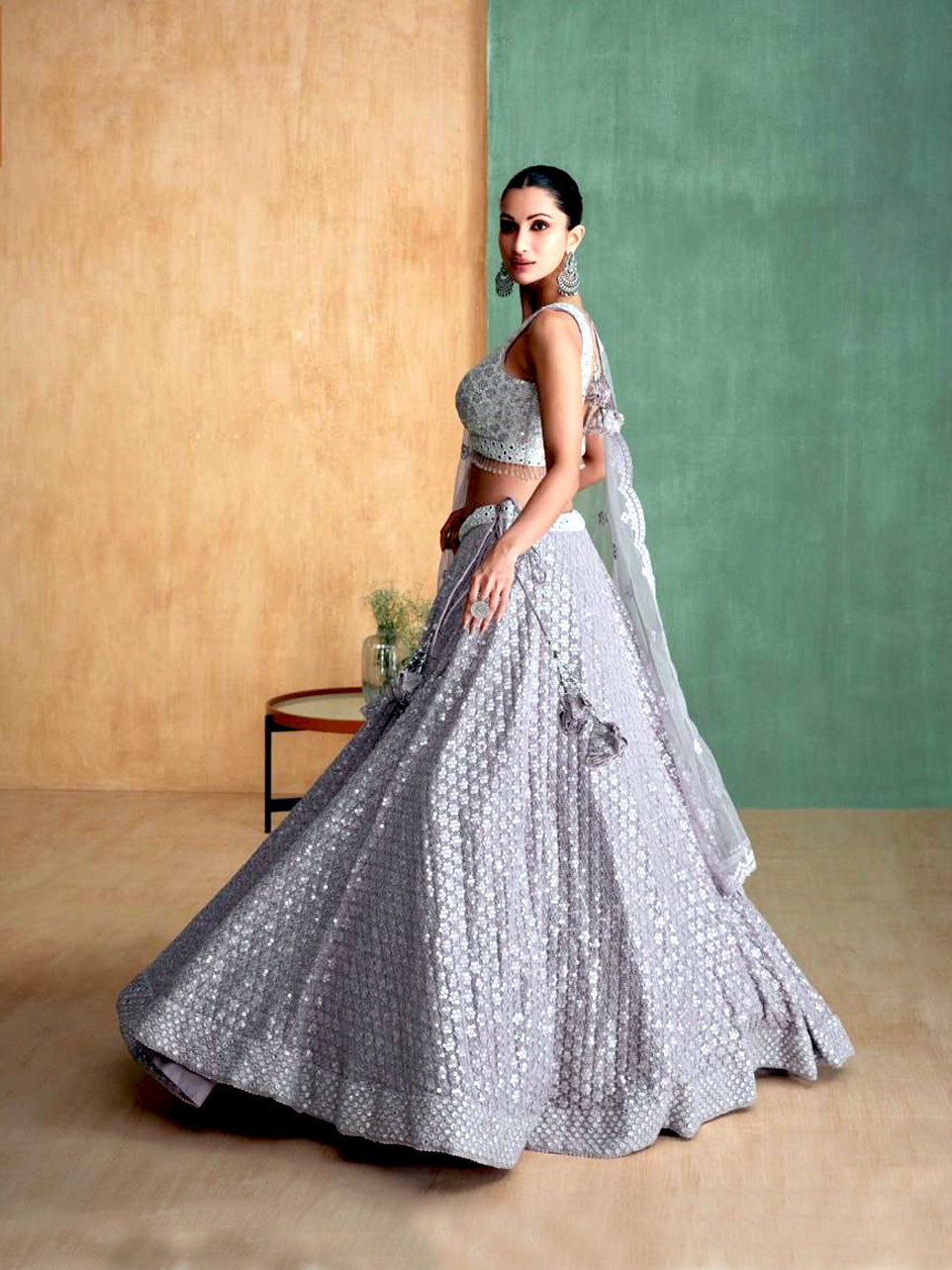 Silver Net Lehenga with Sequin Embroidery and Mirror Work
