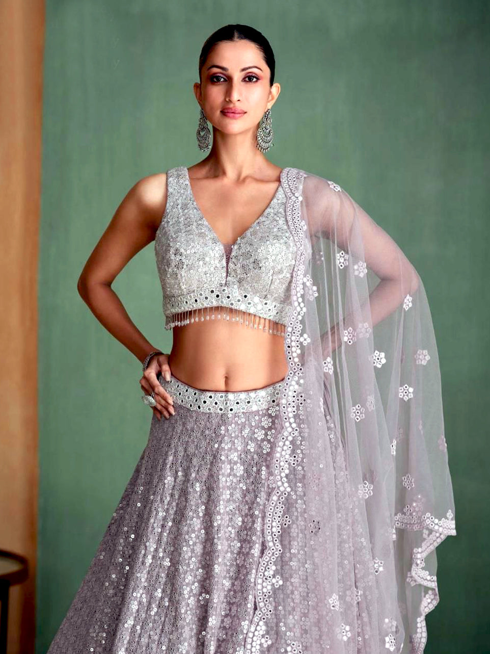 Silver Net Lehenga with Sequin Embroidery and Mirror Work
