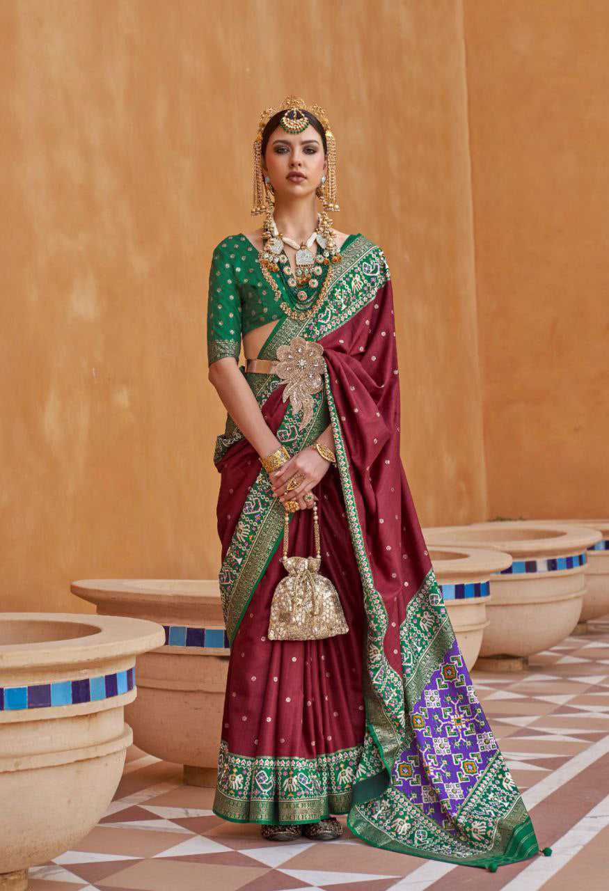 Greenery and Garnet Silk Saree - Nonita Fashion