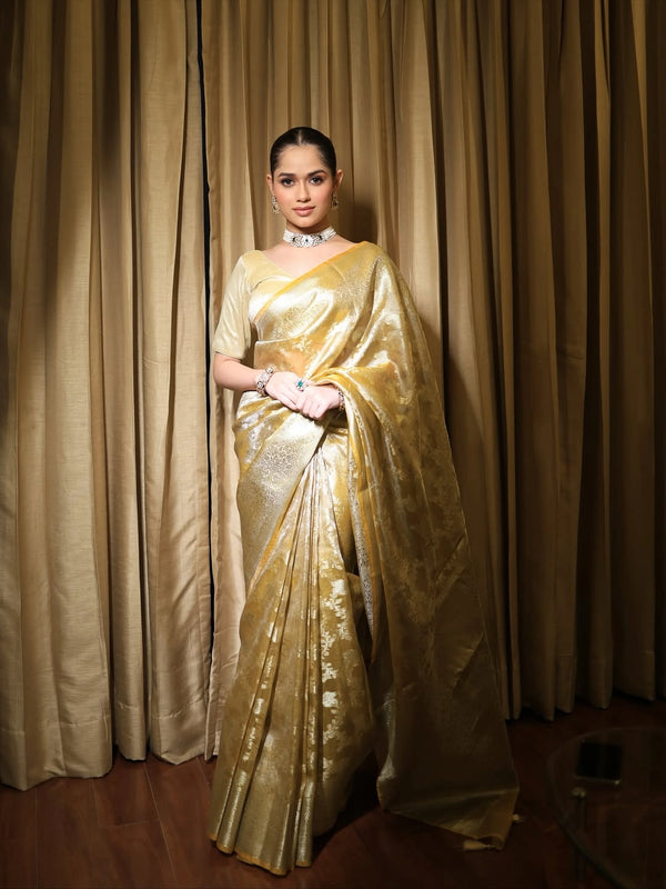 Gold Banarasi Silk Saree with Pure Gold Zari Floral Weaving and Matching Blouse