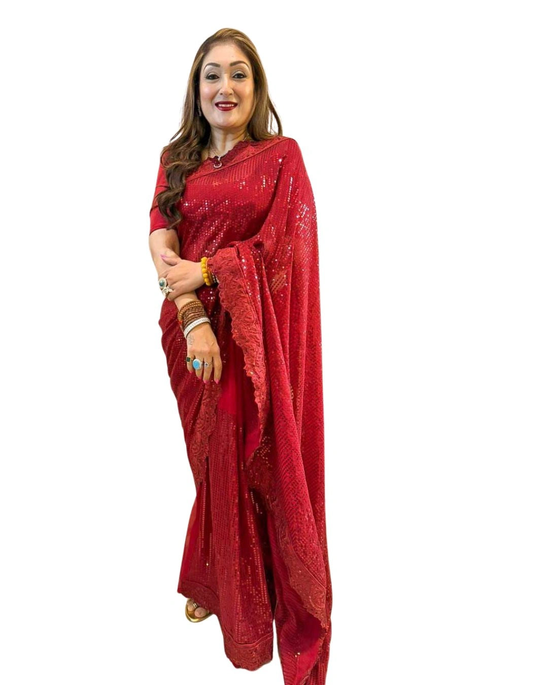 Red All-Over Sequin Saree with Feather-Like Thread Pallu Heavy Self Embroidery Border - Label Nonita